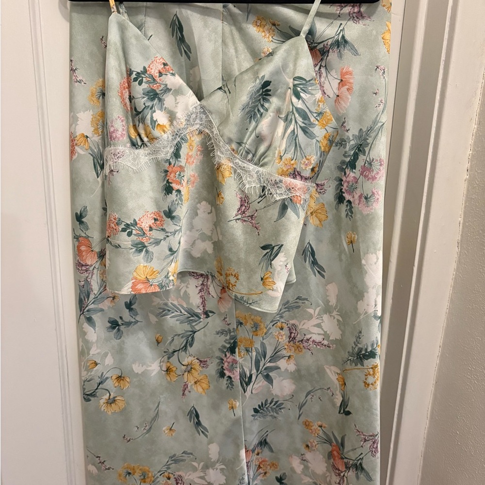 Floral Satin Material Midi Skirt and tank top co-ord set (2 pcs)